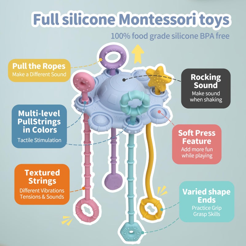 ETETOO Montesorri-Toys - Pull String Toys for Baby - Made of 100% Food Grade Silicone with Built-in Rattle Function and Easy to Clean Design (Blue) - Image 5